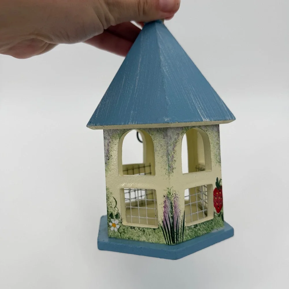 Hand Painted Wooden Birdhouse Blue Gazebo Floral Fruit Garden Decor 7.5 Inch
